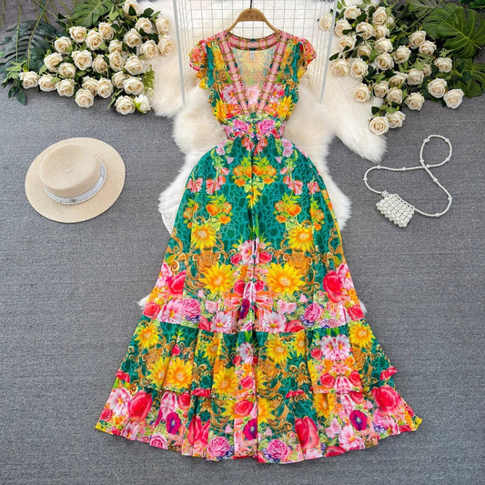 Elegant Vintage Floral A-Line Midi Dress with Lapel Collar