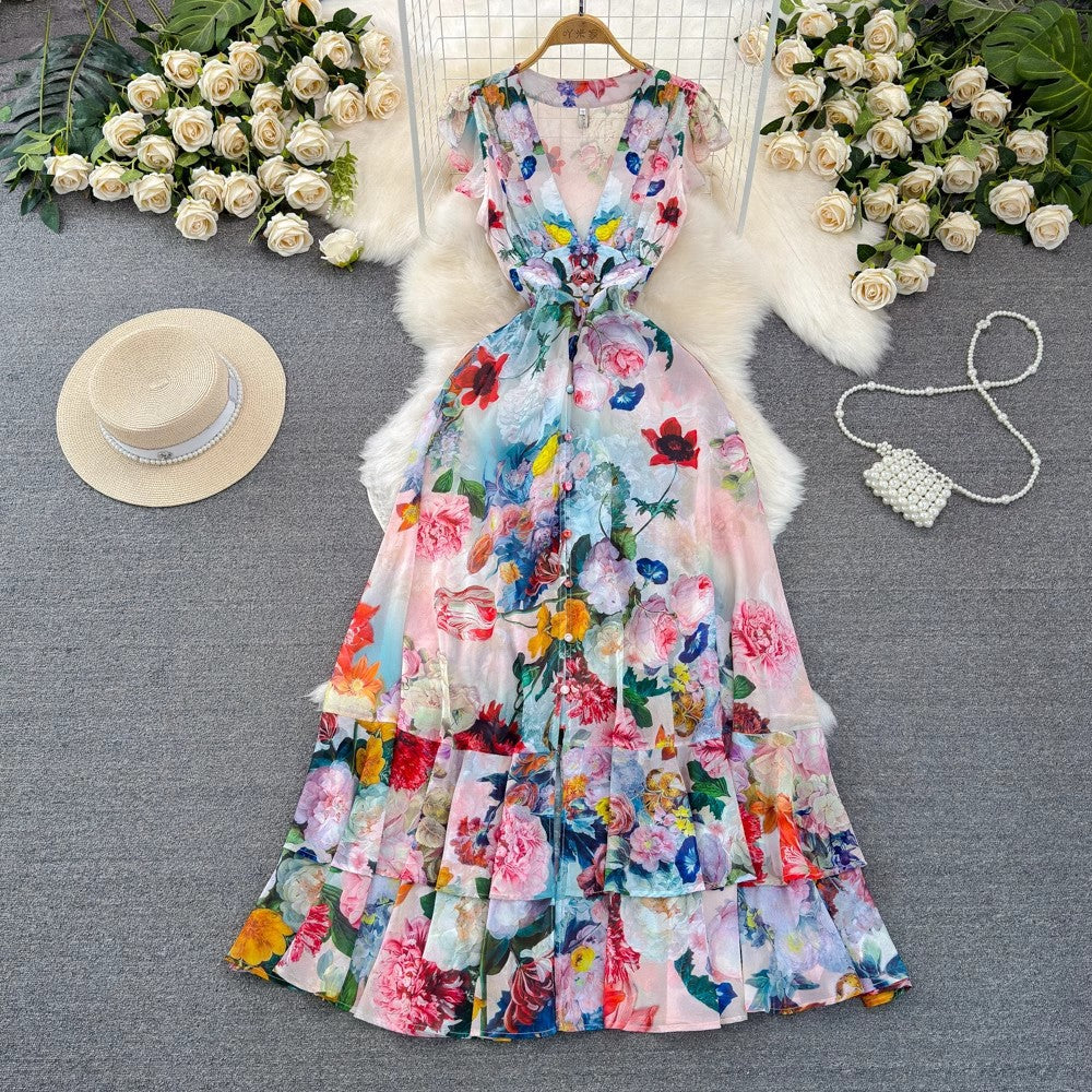 Elegant Vintage Floral A-Line Midi Dress with Lapel Collar