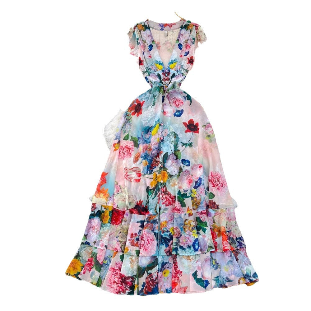 Elegant Vintage Floral A-Line Midi Dress with Lapel Collar